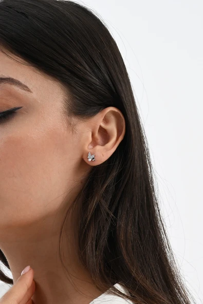 Gümüş rodyumlu inci ve zirkon taşlı çiftli kelebek gümüş küpe SGTL13029RODAJ - Resim 3