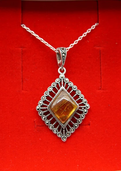 925 Ayar Gümüş Kehribar Kadın Kolye sk000148 ürün görseli 1