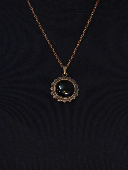 Doğal Taş Oniks Doğal Taşlı Desenli Otantik Kadın Kolye 45 Cm Zincirli Bakır Rengi euk28o2 - Resim 3