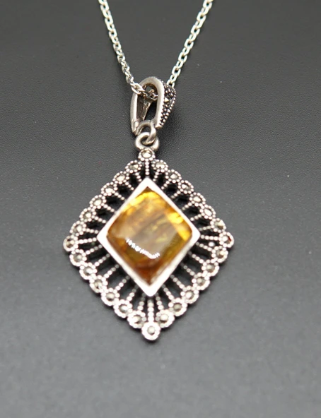 925 Ayar Gümüş Kehribar Kadın Kolye sk000148 - Resim 2