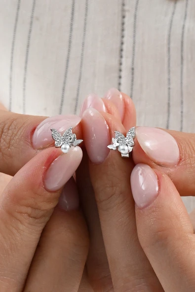 Gümüş rodyumlu inci ve zirkon taşlı çiftli kelebek gümüş küpe SGTL13029RODAJ ürün görseli