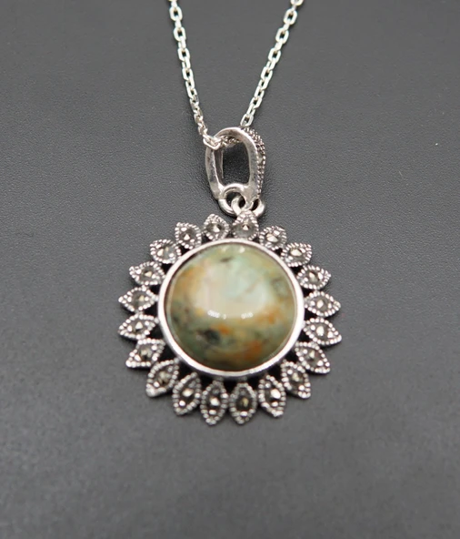 925 Ayar Gümüş Oltu Zümrütü Kadın Kolye skü000147 - Resim 2