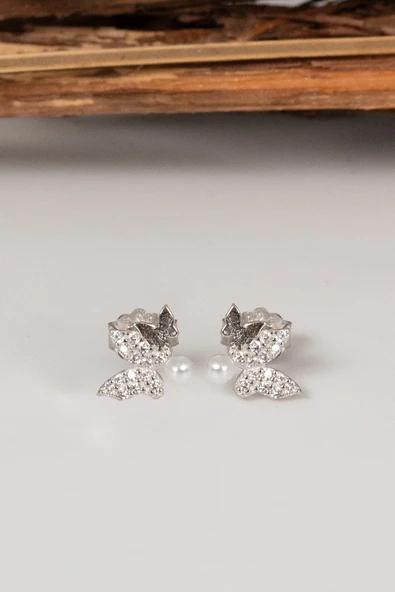 Gümüş rodyumlu inci ve zirkon taşlı çiftli kelebek gümüş küpe SGTL13029RODAJ - Resim 4