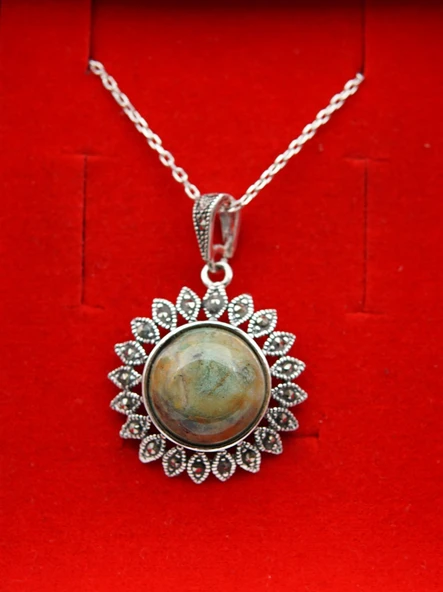 925 Ayar Gümüş Oltu Zümrütü Kadın Kolye skü000147 - Resim 3