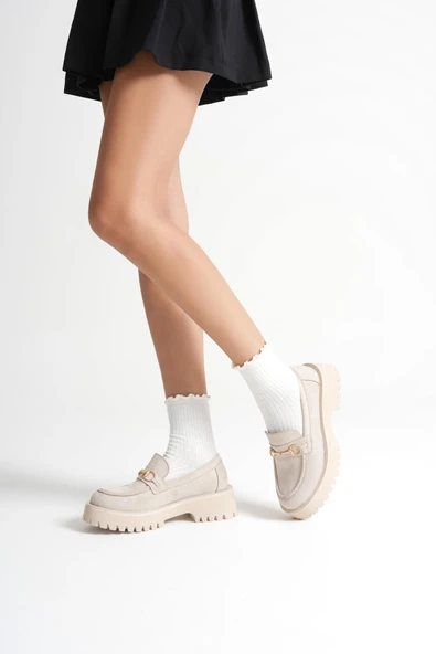 Aral Toka Detaylı Bej Süet Günlük Loafer Ayakkabı - Resim 2