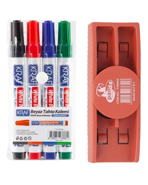 Kraf Doldurulabilir Beyaz Tahta Kalemi 4lü ve Panda Mıknatıslı Yazı Tahtası Silgisi Set ürün görseli
