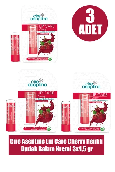 Cire Aseptine Lip Care Cherry Renkli Dudak Bakım Kremi 4,5 gr 3 Adet ürün görseli 1