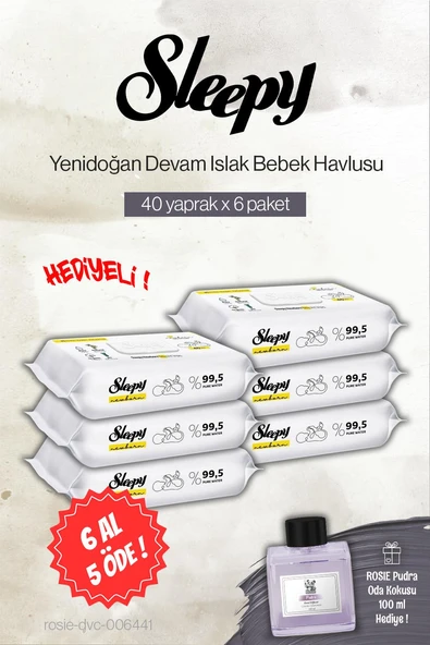 Sleepy 40'lı Yenidoğan Devam Islak Havlu 6 AL 5 ÖDE, Rosie Pudra Oda Kokusu ürün görseli