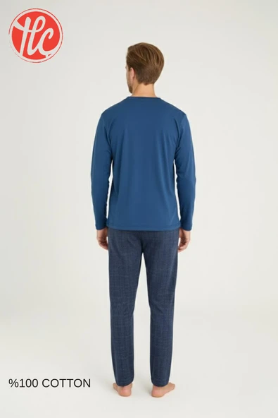 Kly Erkek %100 Pamuklu 4 Mevsim Kumaş V Yaka Uzun Kollu Pijama Takım - Resim 6