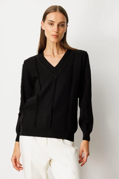 65321 ONTEKS V YAKA ŞERİT KIRÇILLI KAZAK ürün görseli