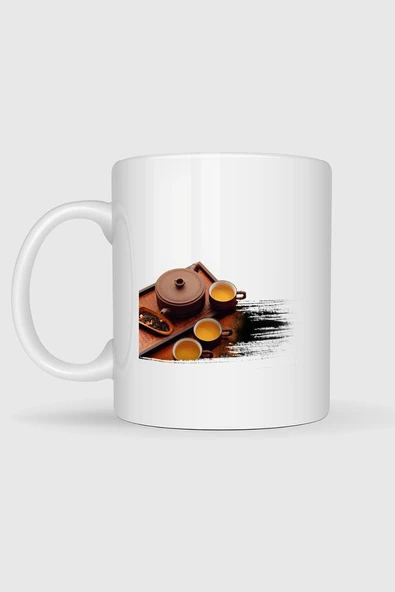 Kahverengi Seramik Çaydanlık Ve Tepside Bardak Tasarımlı Kupa Bardak - Resim 2