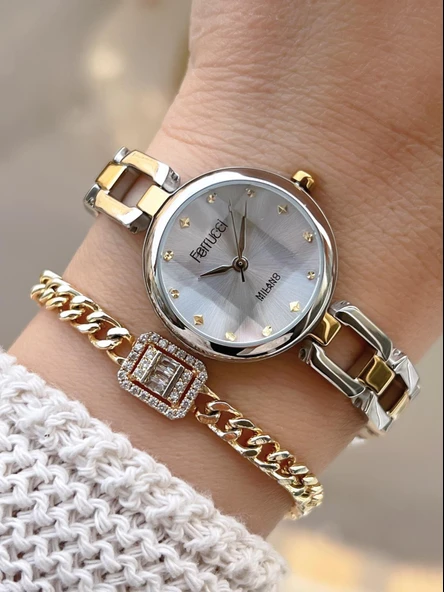 Ferrucci Vintage Mini Çelik Kordon 2 Yıl Garantili Yeni Sezon 30 Mt Suya Dayanıklı Kadın Kol Saati B.03644.M3 ürün görseli