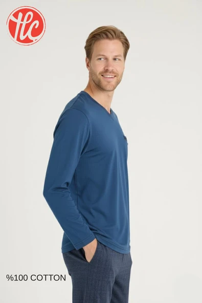 Kly Erkek %100 Pamuklu 4 Mevsim Kumaş V Yaka Uzun Kollu Pijama Takım - Resim 5