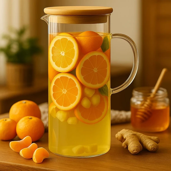 Dekorasyaa Borosilikat Cam Sürahi Bambu Kapaklı 1500ml ürün görseli