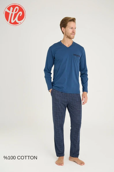 Kly Erkek %100 Pamuklu 4 Mevsim Kumaş V Yaka Uzun Kollu Pijama Takım ürün görseli