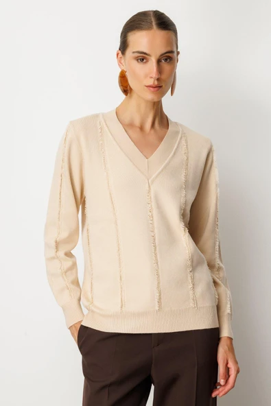 65321 ONTEKS V YAKA ŞERİT KIRÇILLI KAZAK - Resim 2