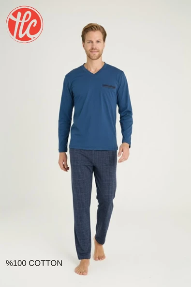 Kly Erkek %100 Pamuklu 4 Mevsim Kumaş V Yaka Uzun Kollu Pijama Takım - Resim 3