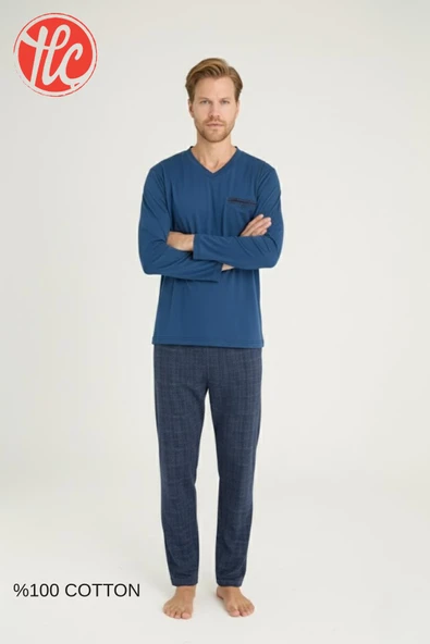 Kly Erkek %100 Pamuklu 4 Mevsim Kumaş V Yaka Uzun Kollu Pijama Takım - Resim 2