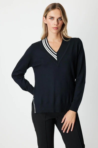 65378 ONTEKS V YAKA YAKASI RİBANALI KAZAK - Resim 3