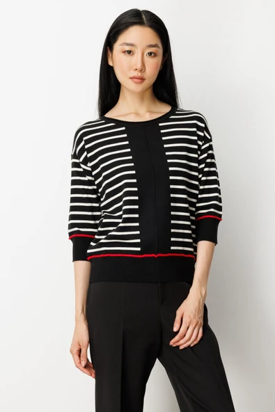 65302 ONTEKS SIFIR YAKA YARIM KOL ÇİZGİ DETAYLI KAZAK - Resim 3