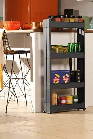 Slim Organizer 4 Katlı Plastik Banyo / Mutfak Düzenleyici Raf – Antrasit (49,5 × 14 × 101 cm) - Resim 3