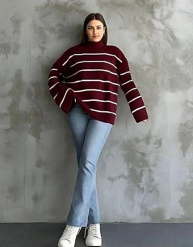 Çizgili ispanyol kol triko boğazlı kahve beyaz elf - Resim 3