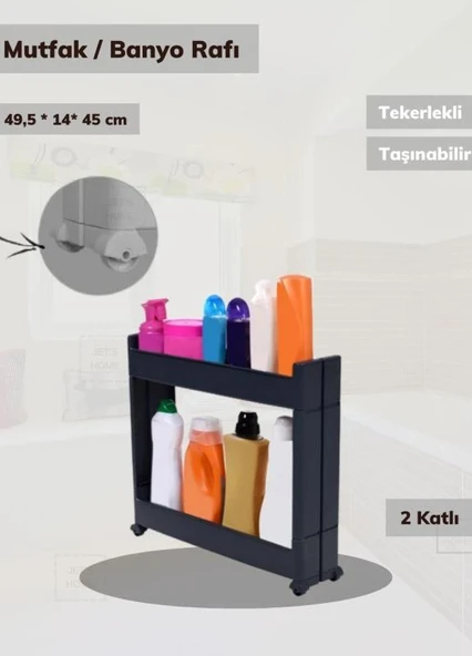 Slim Organizer 2 Katlı Plastik Banyo / Mutfak Düzenleyici Raf – Antrasit (49,5 × 14 × 45 cm) - Resim 6