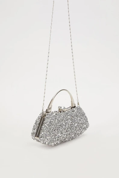 Mini Gümüş Taşlı Abiye El Çantası 930184 - Resim 4