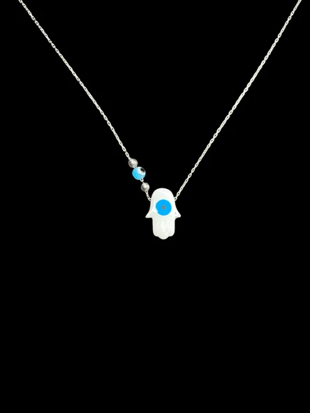 925 Ayar İthal Gümüş Sedef Fatma Ana Eli Nazar Boncuğu Model Kolye | Şık ve Bereket Anlamlı Tasarım ürün görseli