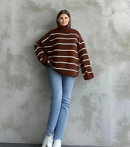 Çizgili ispanyol kol triko boğazlı kahve beyaz elf - Resim 2