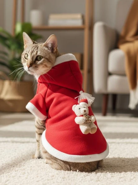 Bear Snow Kırmızı Xmas Kedi Kıyafeti | Kapüşonlu Polar Noel Sweatshirt | Küçük Irklar İçin ürün görseli 1