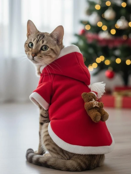 Teddy Amca Kırmızı Xmas Kedi Kıyafeti | Kapüşonlu Polar Noel Sweatshirt | Küçük Irklar İçin ürün görseli 1