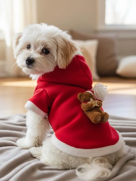 Uncle Teddy  Kırmızı Xmas Köpek Kıyafeti | Kapüşonlu Polar Noel Sweatshirt | Küçük Irklar İçin ürün görseli