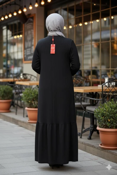 Hesna Kadın Derya Fitilli Doku Eteği Farbalı Broşlu Siyah Elbise - Resim 2