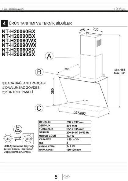 NARTE -H20090BX 90 CM Siyah  Cam Inox Çıtalı Eğimli Davlumbaz - 6 YIL GARANTİLİ - Resim 5