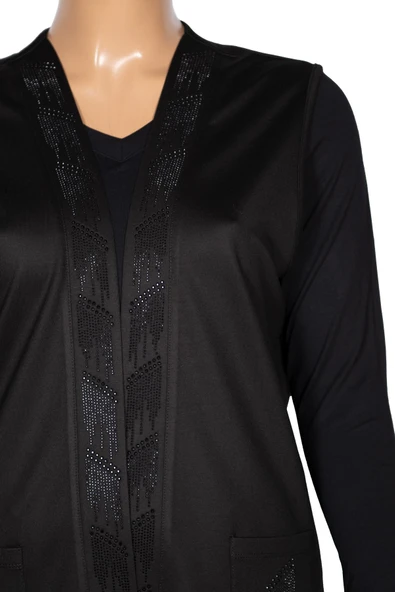 Hesna Kadın Alçin Büyük Beden 2 İp Kristal Taşlı Cepli Siyah Yelek - Resim 3
