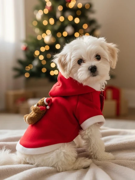 Uncle Teddy  Kırmızı Xmas Köpek Kıyafeti | Kapüşonlu Polar Noel Sweatshirt | Küçük Irklar İçin - Resim 5