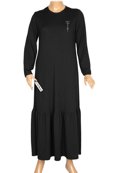 Hesna Kadın Derya Fitilli Doku Eteği Farbalı Broşlu Siyah Elbise - Resim 3