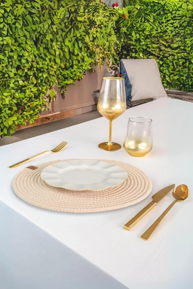 Vos Versa Amerikan Servis Tekli Supla Lux Sunum Tabak Altlığ - Yuvarlak Bej VVHM0039 - Resim 4