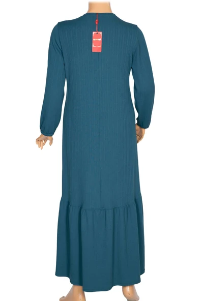 Hesna Kadın Derya Fitilli Doku Eteği Farbalı Broşlu Petrol Elbise - Resim 5