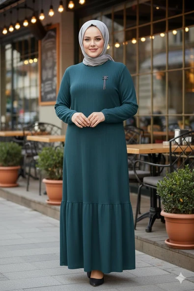 Hesna Kadın Derya Fitilli Doku Eteği Farbalı Broşlu Petrol Elbise ürün görseli 1