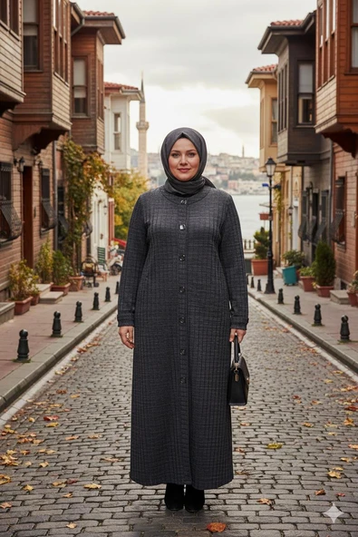 Hesna Kadın Nurel Büyük Beden Kışlık Kare Çıtçıtlı Lacivert Pardesü - Resim 6