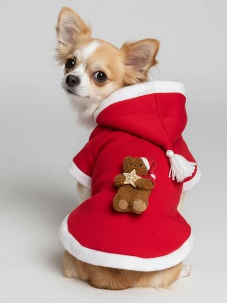 Uncle Teddy  Kırmızı Xmas Köpek Kıyafeti | Kapüşonlu Polar Noel Sweatshirt | Küçük Irklar İçin - Resim 9