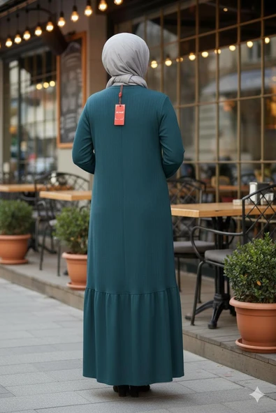 Hesna Kadın Derya Fitilli Doku Eteği Farbalı Broşlu Petrol Elbise - Resim 2