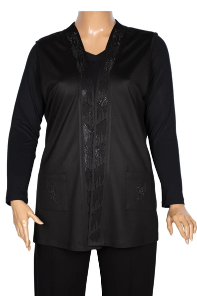 Hesna Kadın Alçin Büyük Beden 2 İp Kristal Taşlı Cepli Siyah Yelek - Resim 2