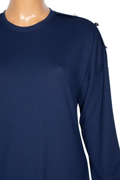 Hesna Kadın Benan Fitili Düğmeli Spor İndigo Tunik Pantolon Takım - Resim 4