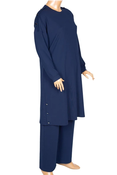 Hesna Kadın Benan Fitili Düğmeli Spor İndigo Tunik Pantolon Takım - Resim 5
