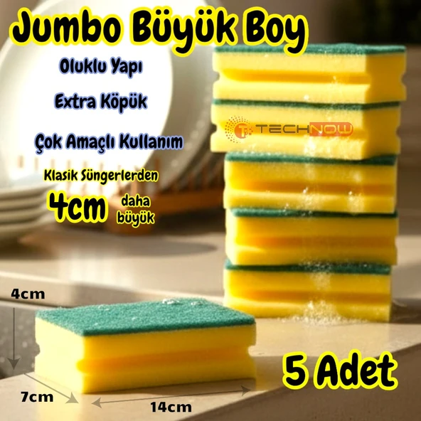 Technow Jumbo Büyük Boy Vip Kaliteli 14 x 7 cm Oluklu Bulaşık Süngeri 5 Adet ürün görseli 1