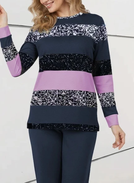 Kadın Uzun Kollu Bisiklet Yaka çizgili Desen Iki Iplik Bluz Ve Pantolon Ikili Takım - Resim 2