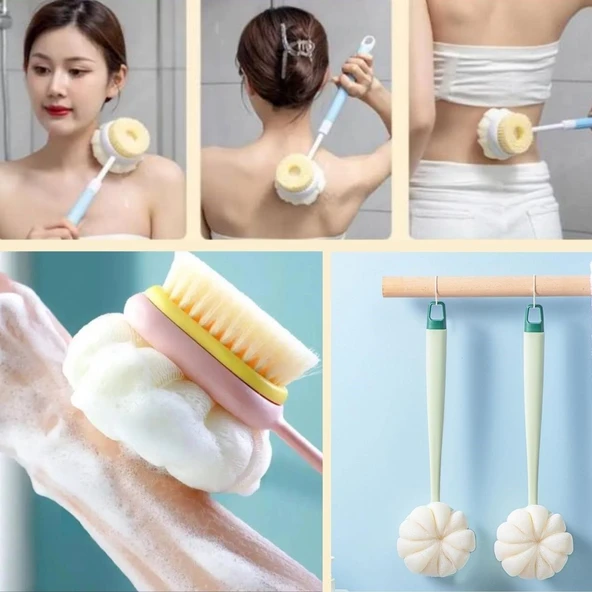 Banyo Lifi ve Süngeri 2 si 1 Arada Çift Taraflı Uzun Saplı Fırçalı Banyo Vücut Sırt Fırçası Banyo Lifi - Resim 3